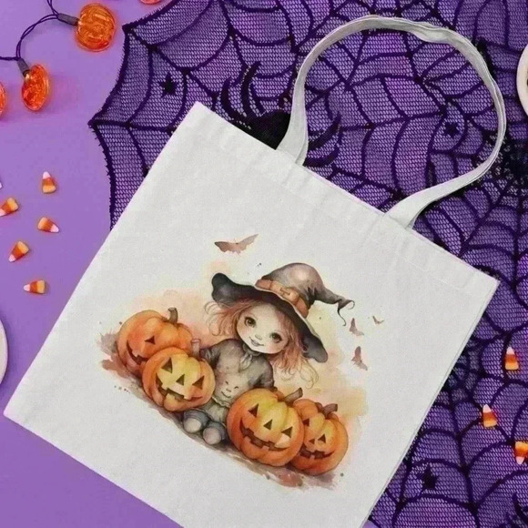 Little Witch Girl in Hat Halloween Canvas Tote Bag - Picture 2 of 3